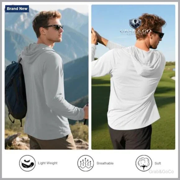 Men's Long Sleeve Hooded Athletic Shirt UPF Sun Protection Lightweight